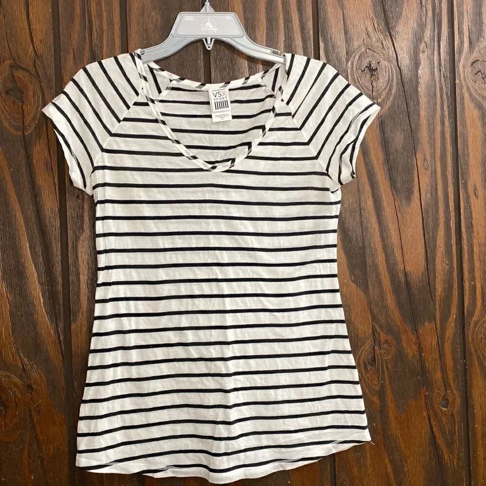 Victoria's Secret VSX Sport Stripe V-Neck Tee Size Small Black White